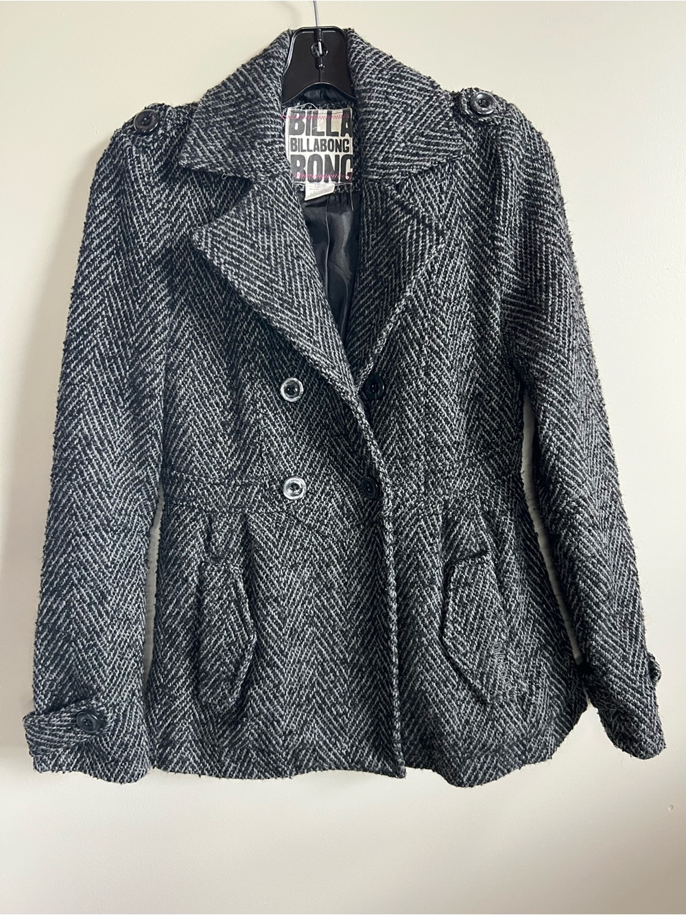 Billabong Gray Herringbone Wool Blend Peacoat Jacket Women’s Medium Boho Y2K